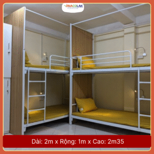 Giường tầng homestay khung rèm có vách gỗ